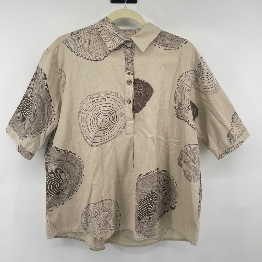 SooLinen Top Womens L Beige Wood Grain Print Linen Blend Short Slv Pullover NWT